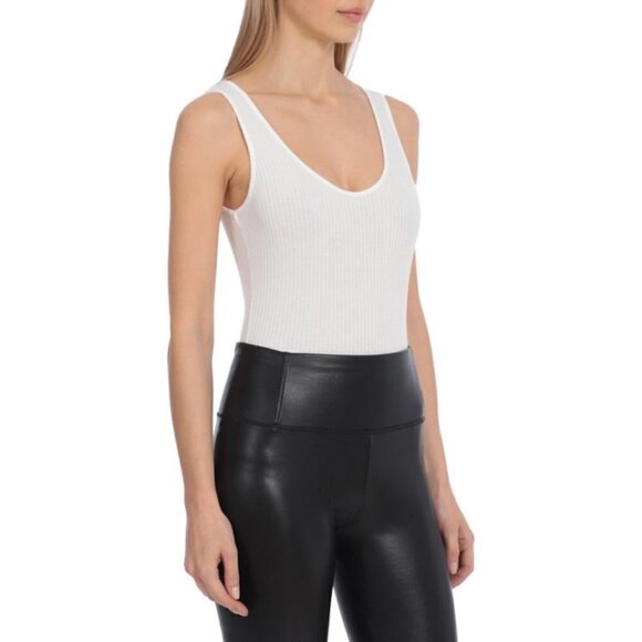 Avec Les Filles | Ribbed Scoop Neck Thong Bodysuit in White - Picture 3 of 10